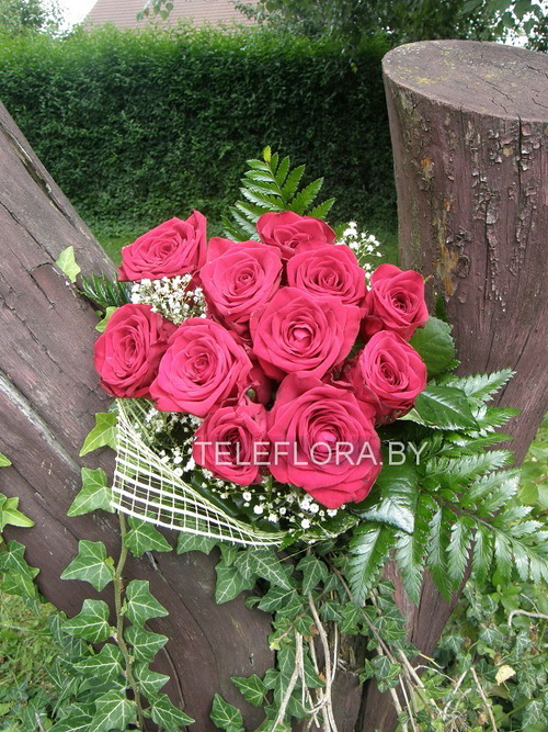 Букет из 11 красных роз с зеленью